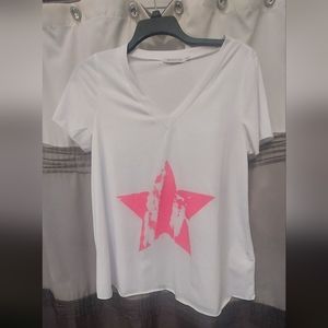 Ladies White t-shirt with neon pink star